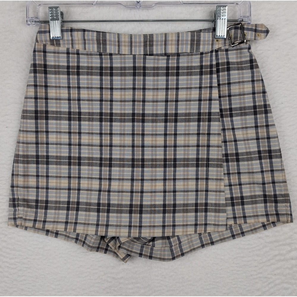 GAP Wrap Skort Junior's Sz 1 Blue Plaid Cotton Side Buckle Y2K VTG